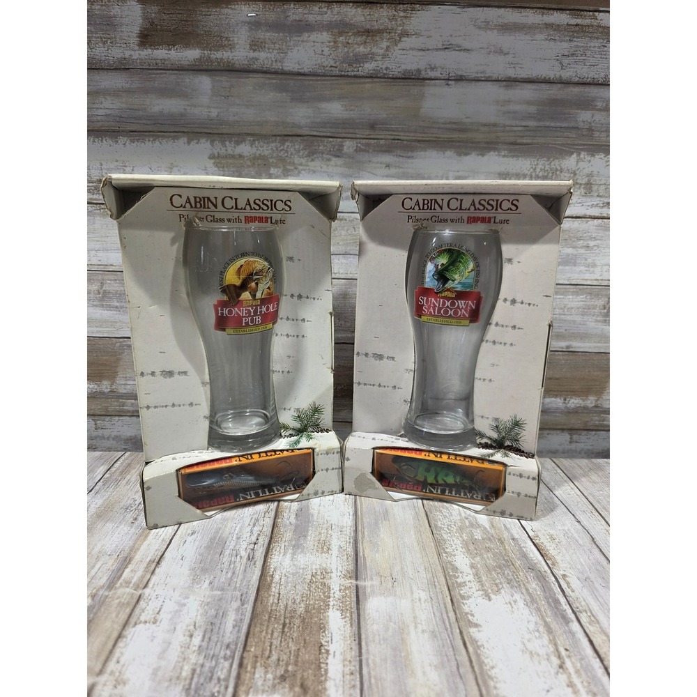 Cabin Classics Pilsner Glass Rapala Lure Set Honey Hole Pub‎ Sundown Saloon 2pk